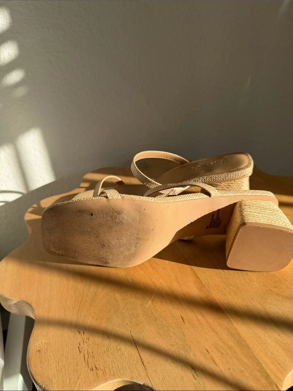 Neutral Beige Two-Strap Block Heel Sandals raffia type material.